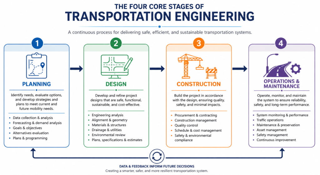 Transportation engineering process flowchart showing planning, design, construction, and operations stages