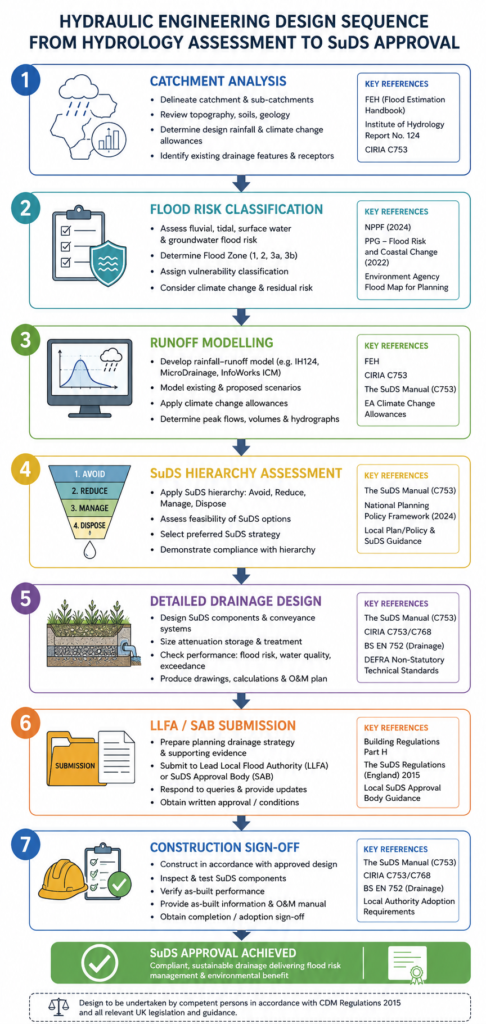 Flowchart of the hydraulic engineering design process from catchment hydrology to SuDS approval, showing seven sequential steps for UK infrastructure projects