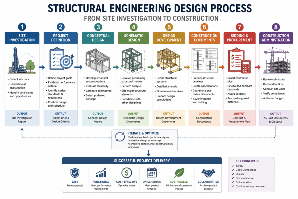 Structural engineering design process from site investigation to construction