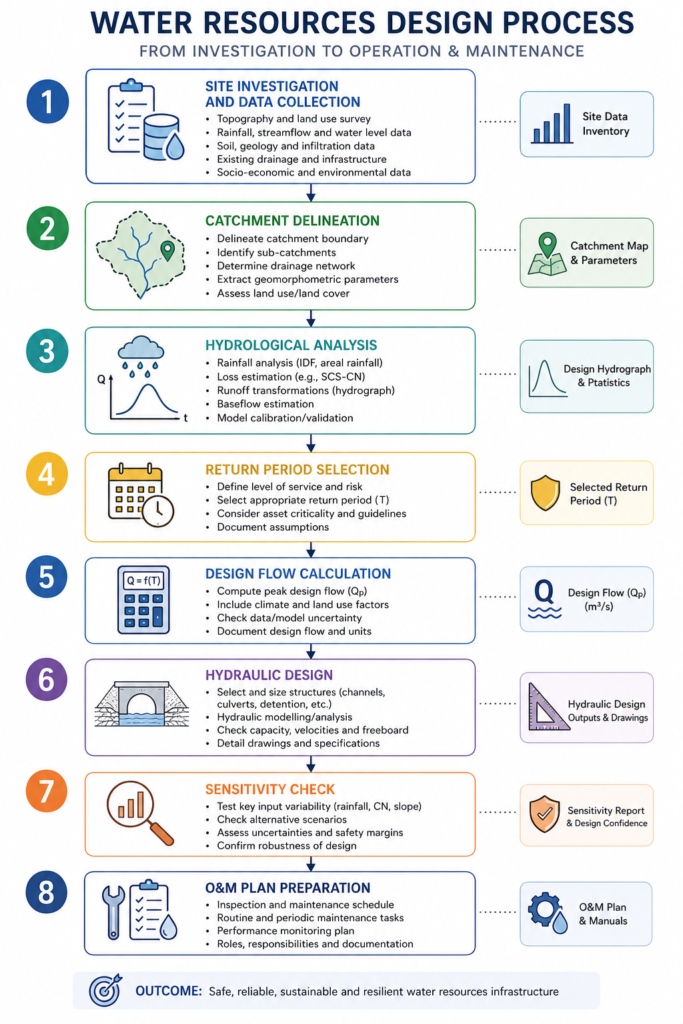 Water resources engineering design process flowchart showing eight steps from site investigation to operation and maintenance planning