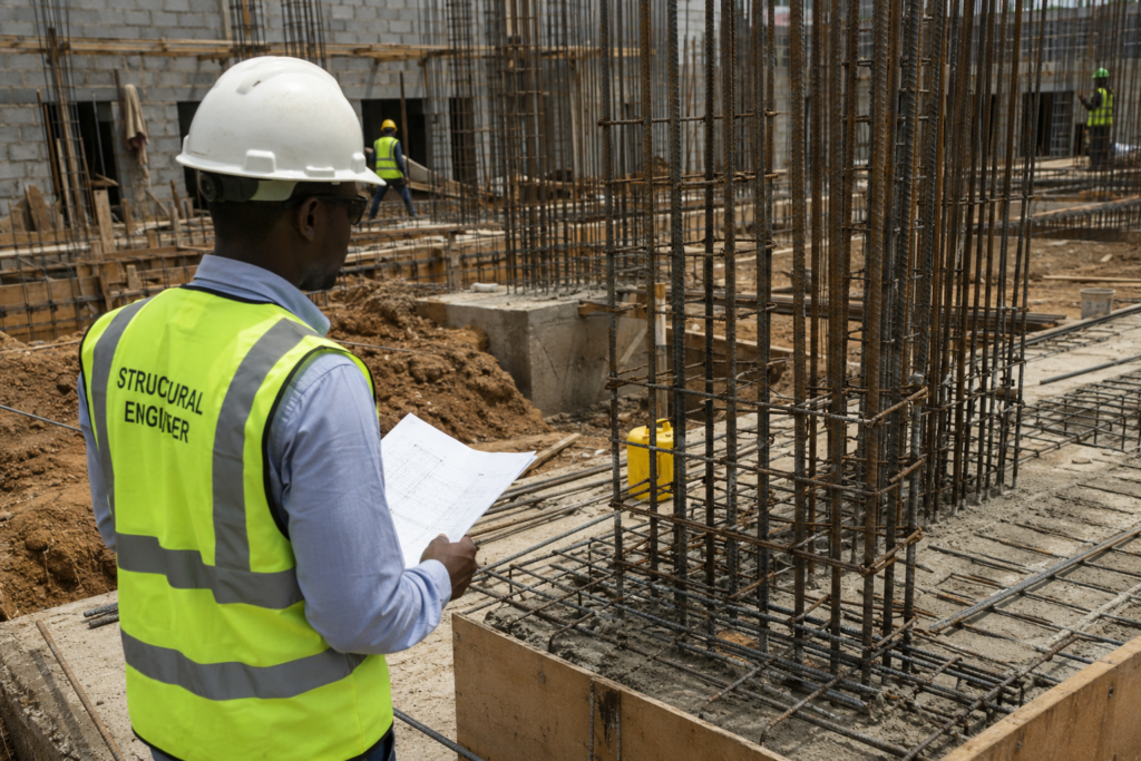 Structural engineer inspecting reinforcement and concrete works on a Nigerian construction site