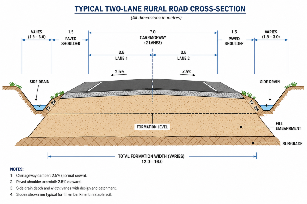 Annotated road cross-section diagram showing carriageway, shoulders, drainage, and subgrade layers in transportation engineering