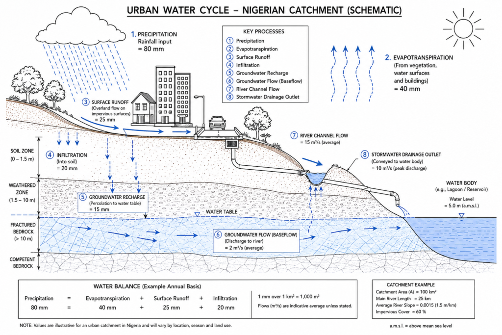 Diagram of urban water resources cycle showing rainfall, runoff, drainage, and groundwater recharge in a Nigerian catchment