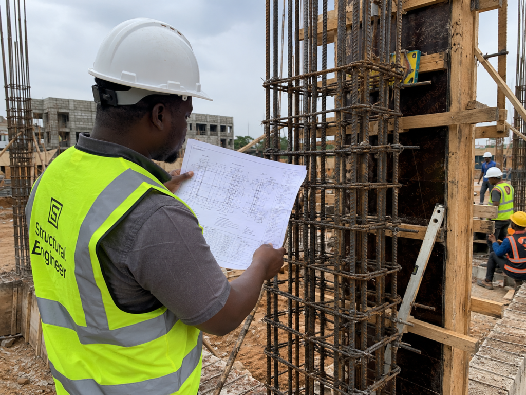 Structural engineer conducting site inspection of reinforced concrete column reinforcement on a Nigerian construction site