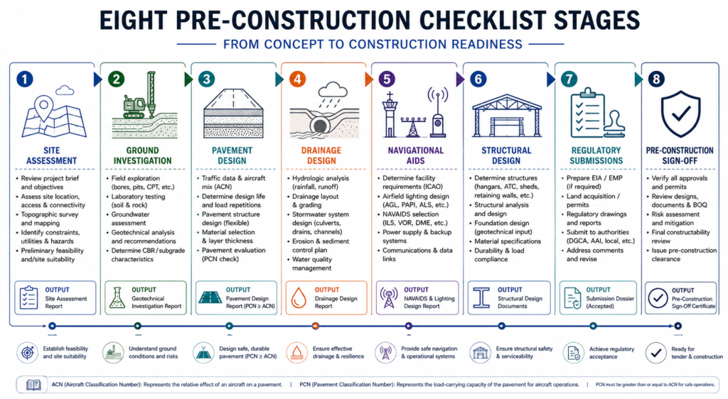 Pre-construction airport checklist step-by-step process for UAE airport engineering projects showing eight verification stages