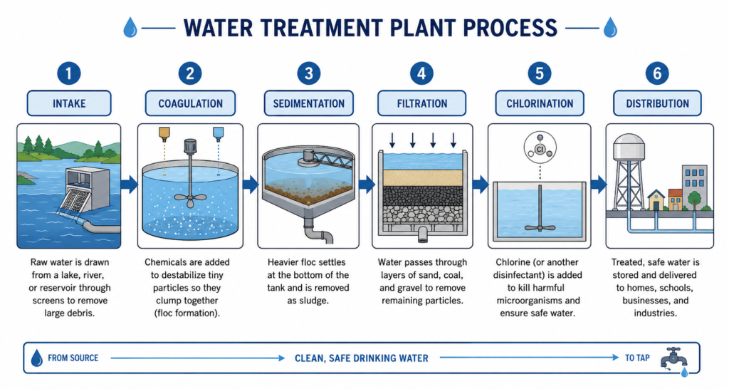 Water treatment process flowchart showing a water resources example from intake to distribution