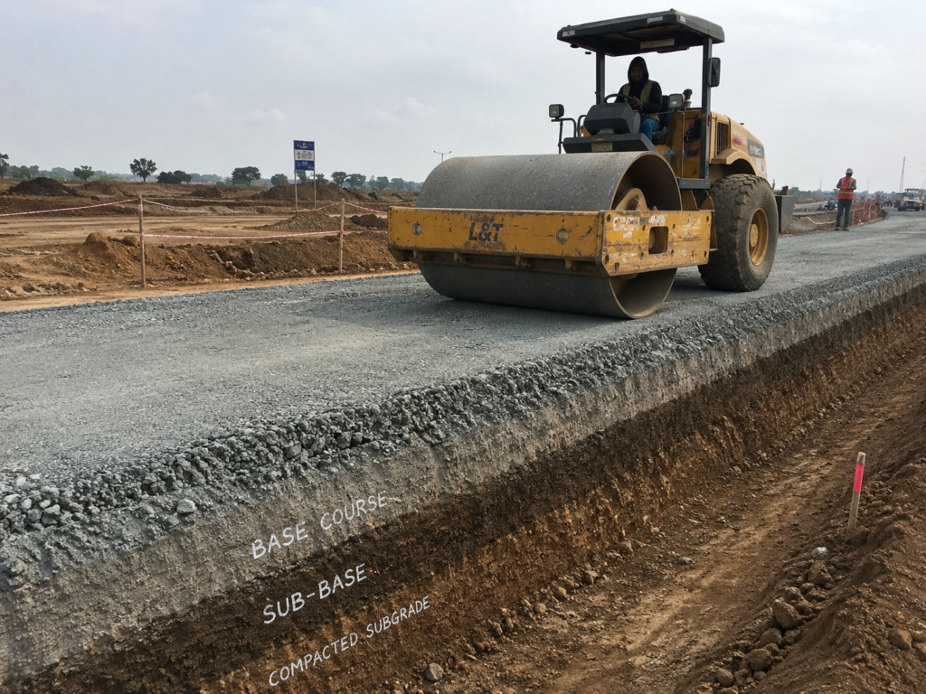 Road construction site showing base course compaction during pavement construction