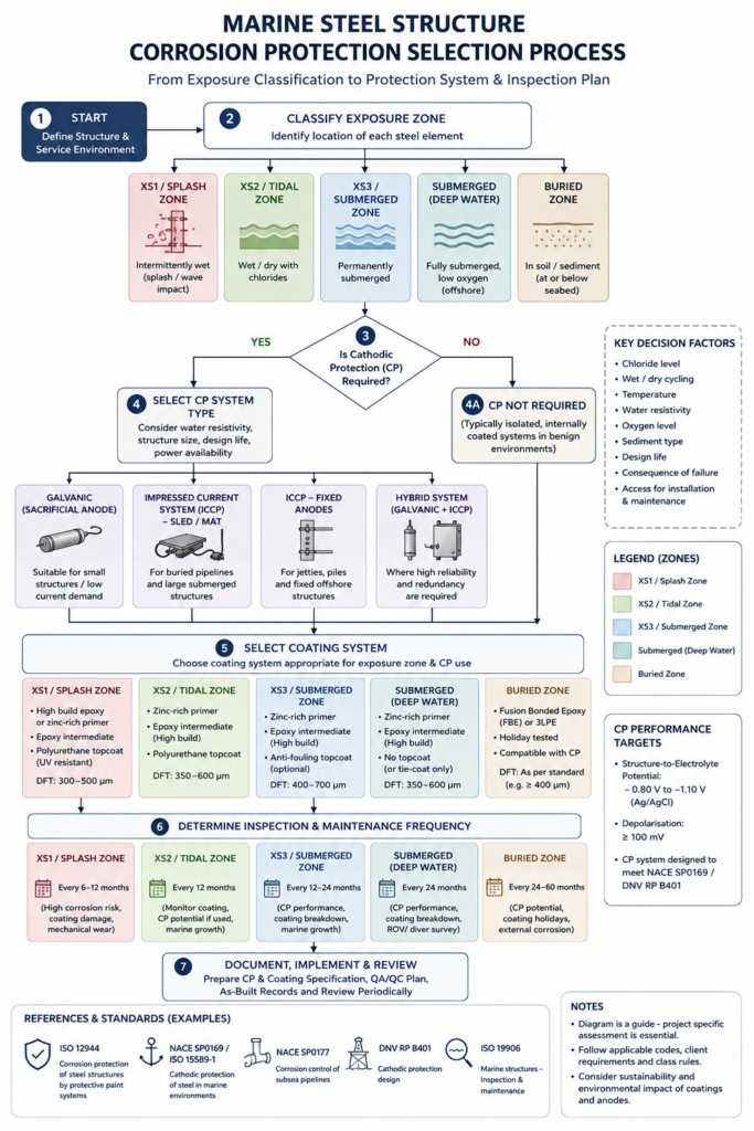 Corrosion protection decision flowchart for marine steel structures across tidal, splash, and submerged exposure zones