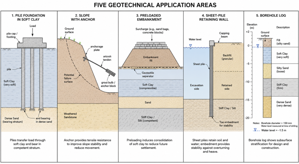 Annotated cross-section diagram showing geotechnical engineering examples including pile foundations, slope stabilisation, and retaining walls