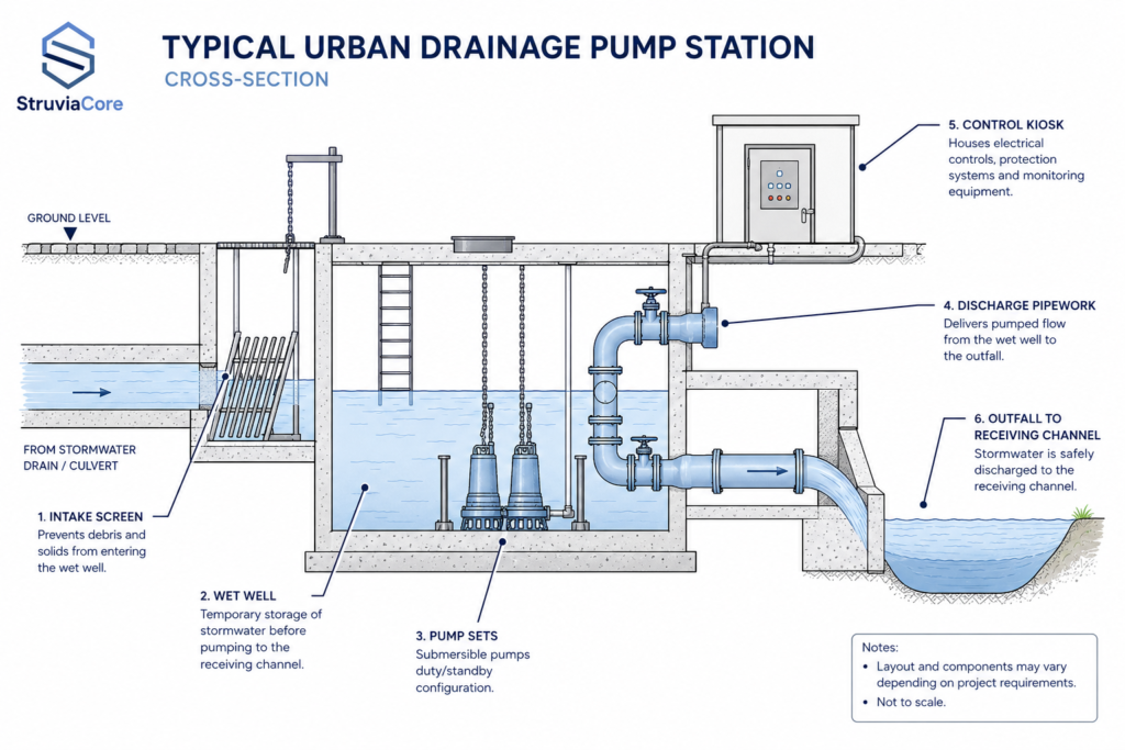 Annotated cross-section diagram of a drainage pumping station showing components that drive hydraulic engineering cost factors