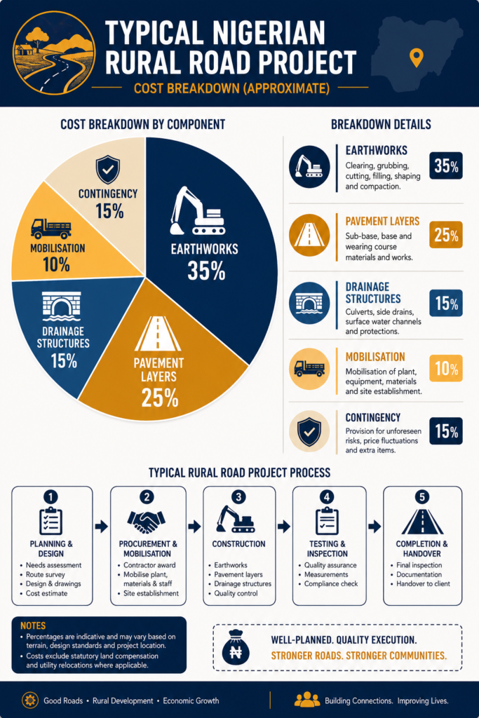 Cost breakdown chart showing transportation engineering cost factors for a Nigerian road project