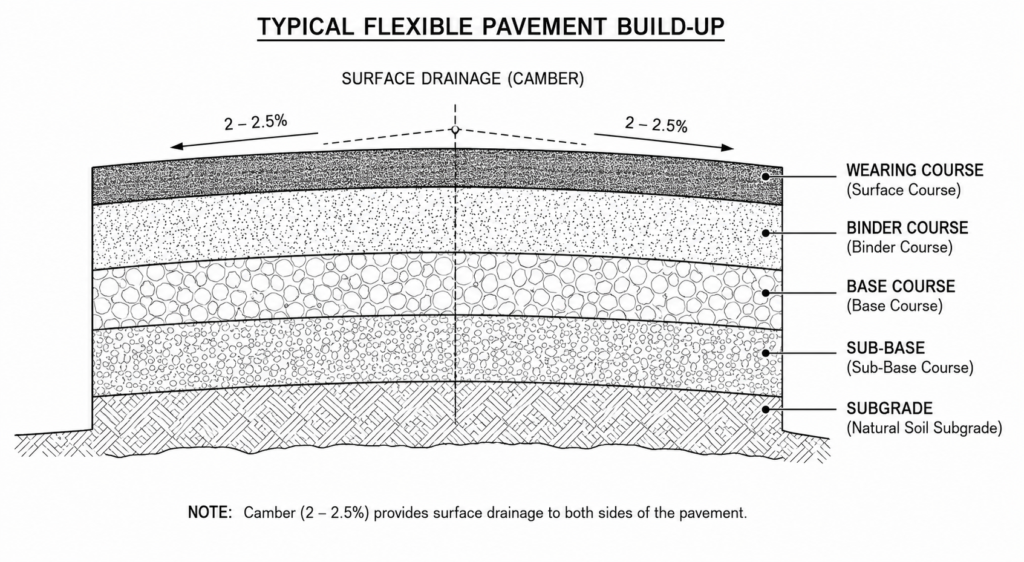 Cross-section diagram of road pavement layers showing subgrade, sub-base, base course and asphalt wearing course