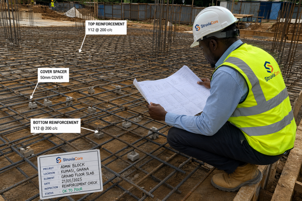 Structural engineer inspecting reinforcement layout and cover spacers on site before concrete pour