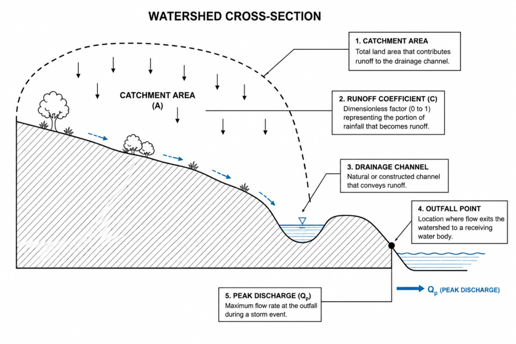 Watershed diagram showing water resources examples in stormwater drainage design