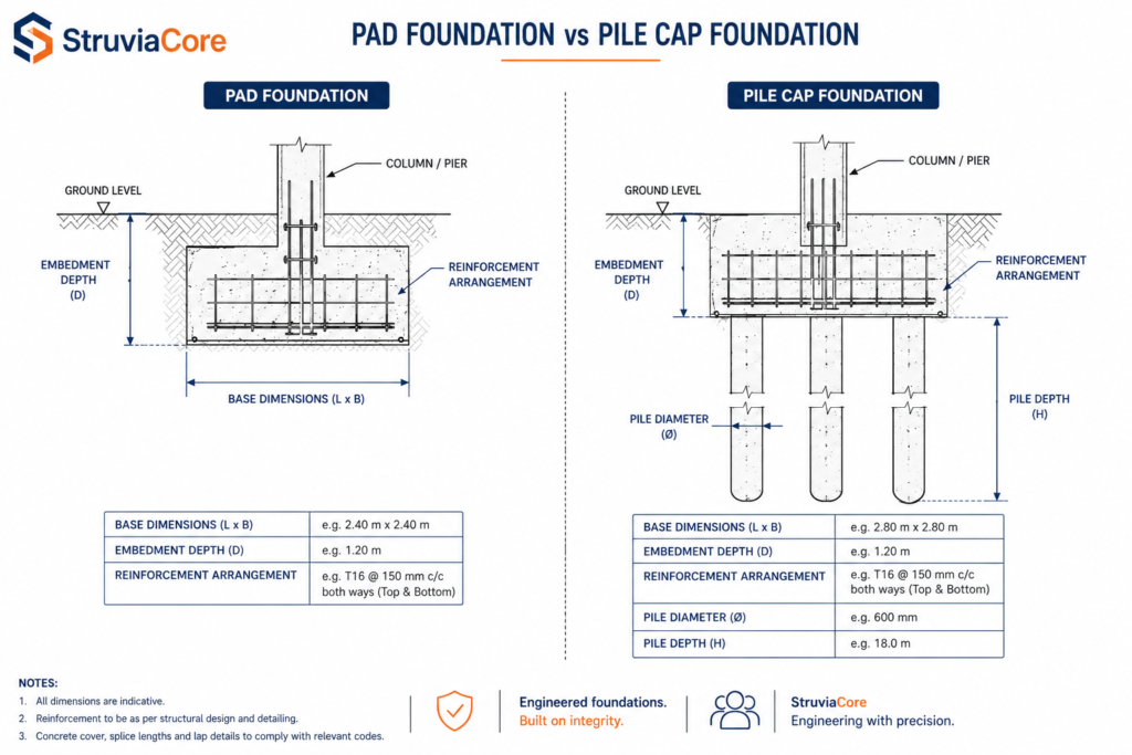 Annotated cross-section comparing pad foundation and pile cap foundation design for structural engineering projects