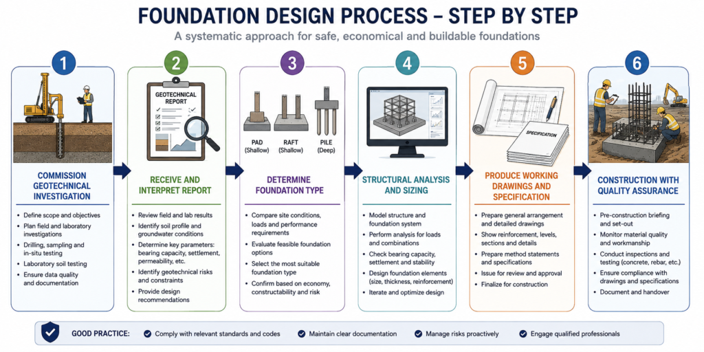 Step-by-step foundation design process flowchart for Nigerian construction projects