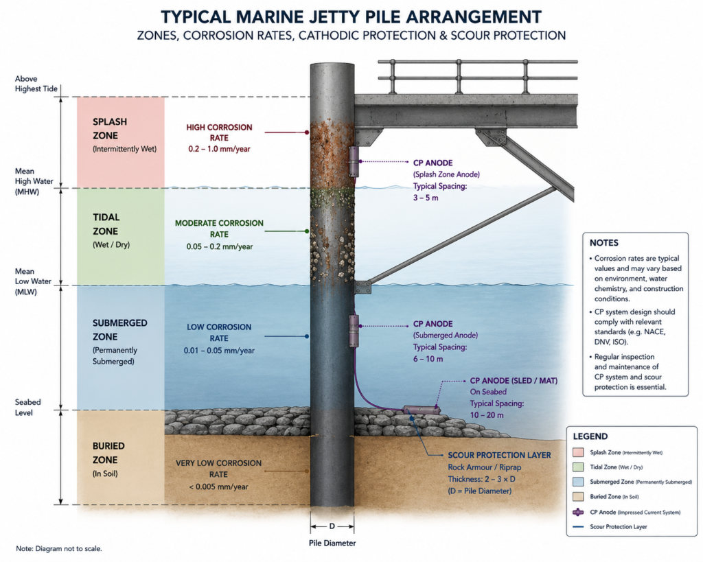 Annotated cross-section of a marine jetty pile showing corrosion exposure zones and cathodic protection system