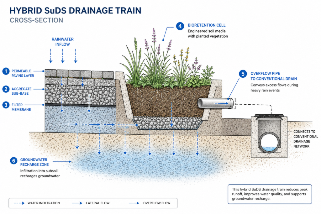 Cross-section diagram of a sustainable urban drainage system (SuDS) showing permeable paving, bioretention cell, and overflow connection as part of water resources design