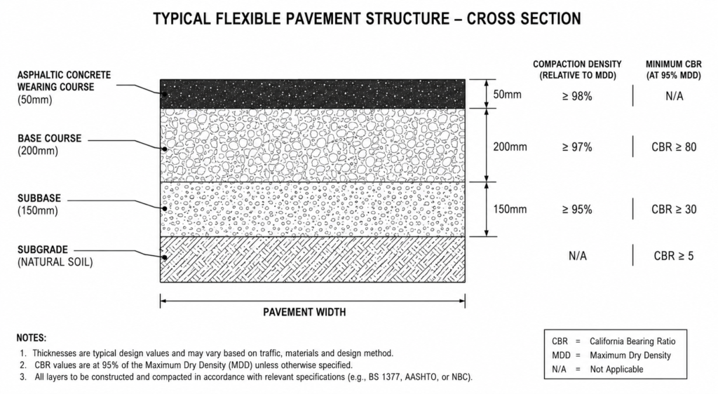 Pavement layer cross-section diagram showing transportation engineering cost factors for road design