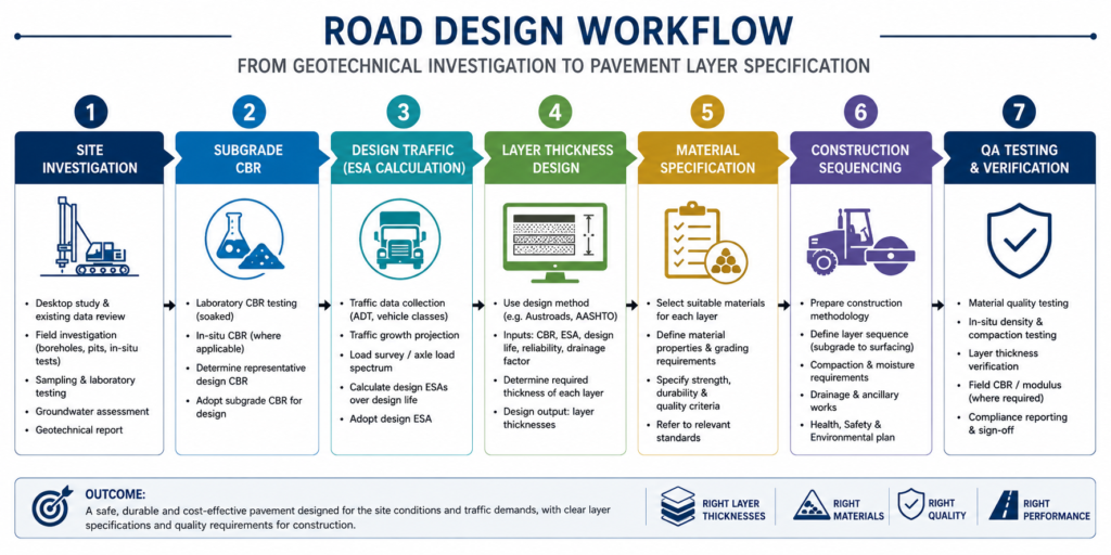 Road design process flowchart from subgrade CBR investigation through to pavement layer thickness specification and construction quality assurance