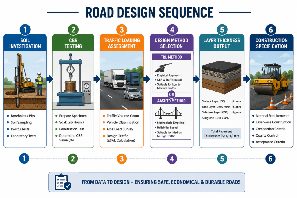 Flowchart showing the road pavement design process from soil investigation to construction specification