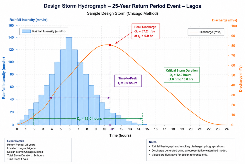 Design storm hydrograph for 25-year return period flood event used in water resources checklist assessment"
Placement rationale: This chart visually reinforces the Rational Method and hydrograph methodology discussion, giving readers a concrete reference point for the calculations described.