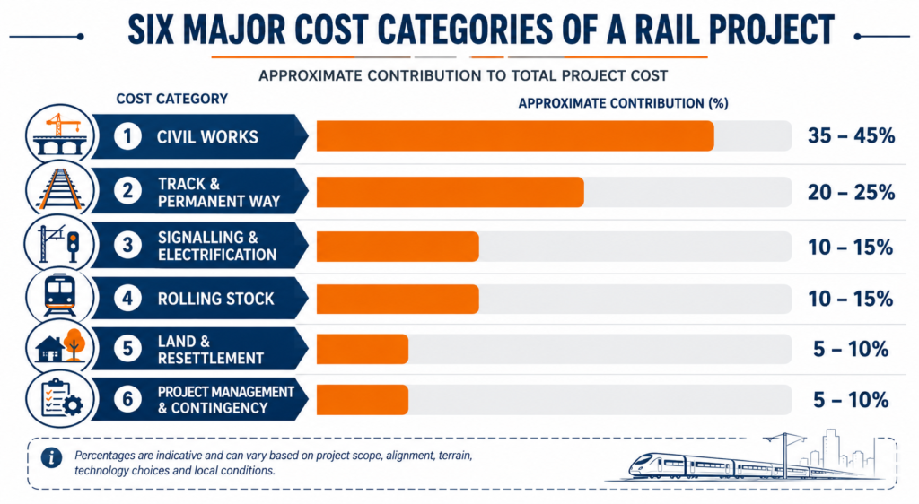 Breakdown of rail cost factors in Nigerian infrastructure projects showing civil works, track, signalling, rolling stock, land, and project management proportions