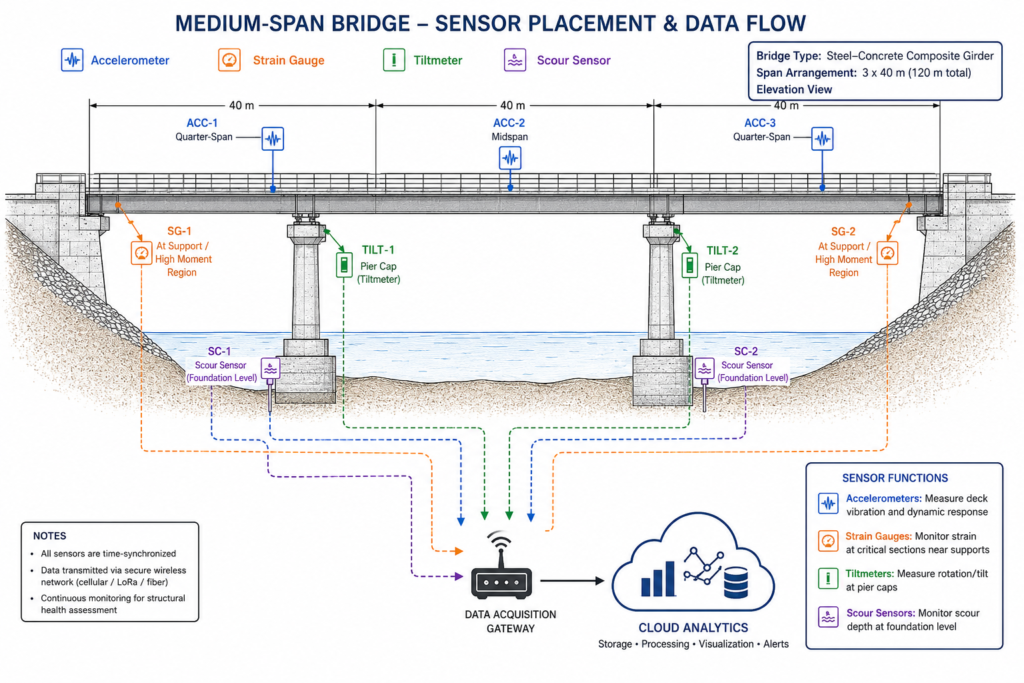 Structural health monitoring sensor placement diagram for bridge digital twin showing accelerometer, strain gauge, and tiltmeter positions with data flow to cloud analytics