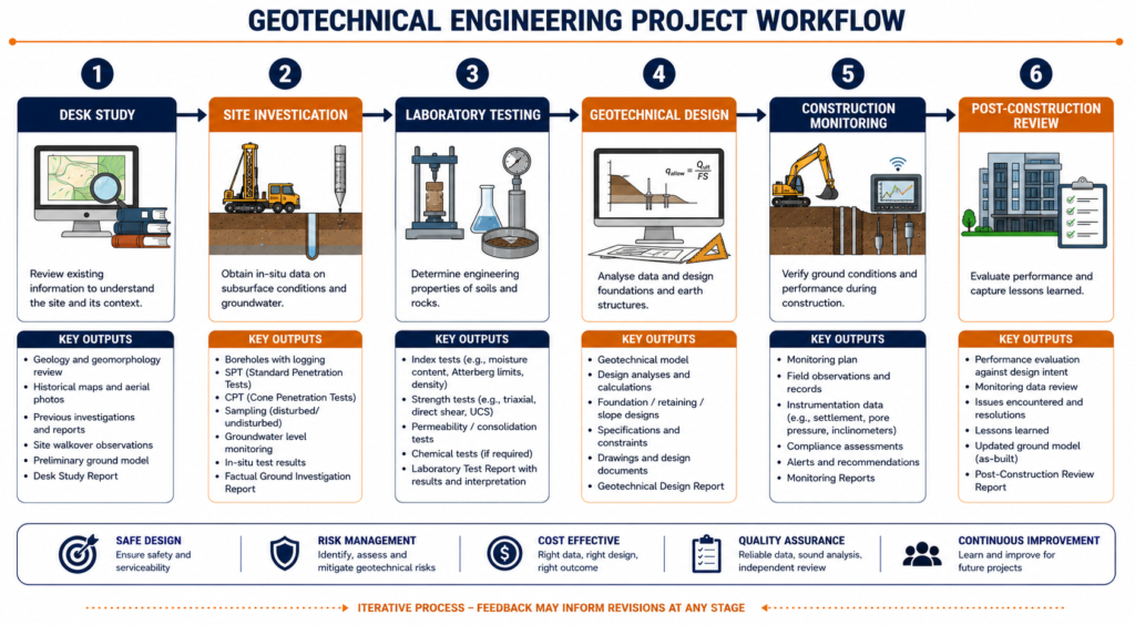 Geotechnical engineering project workflow flowchart from desk study
through site investigation, design, and construction monitoring