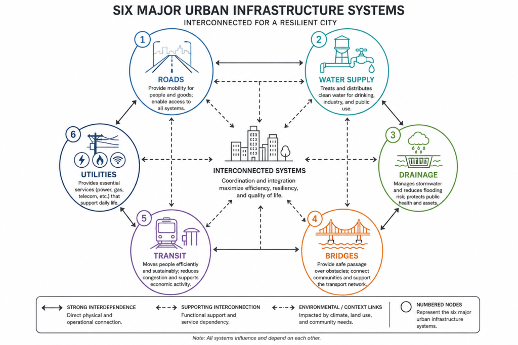Diagram showing interconnected urban infrastructure systems including roads, bridges, water supply, drainage, transit, and utilities