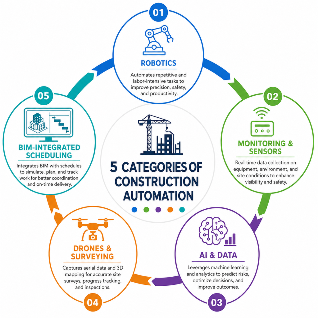 Five categories of automation examples in construction engineering: robotics, sensors, AI, drones, and BIM scheduling