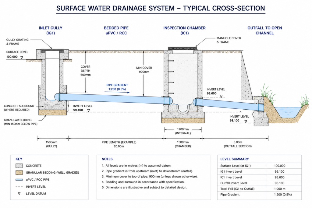 Drainage inspection chamber installation during water resources infrastructure construction on a Nigerian civil engineering project"
Placement rationale: This image reinforces the Phase 4 construction verification items and gives readers a concrete visual reference for the as-built inspection process.