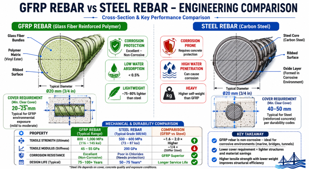 GFRP rebar vs steel rebar cross-section comparison showing advanced materials examples for corrosion resistance