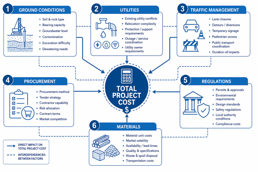Infographic showing urban infrastructure cost factors including ground conditions, utility conflicts, traffic management and procurement