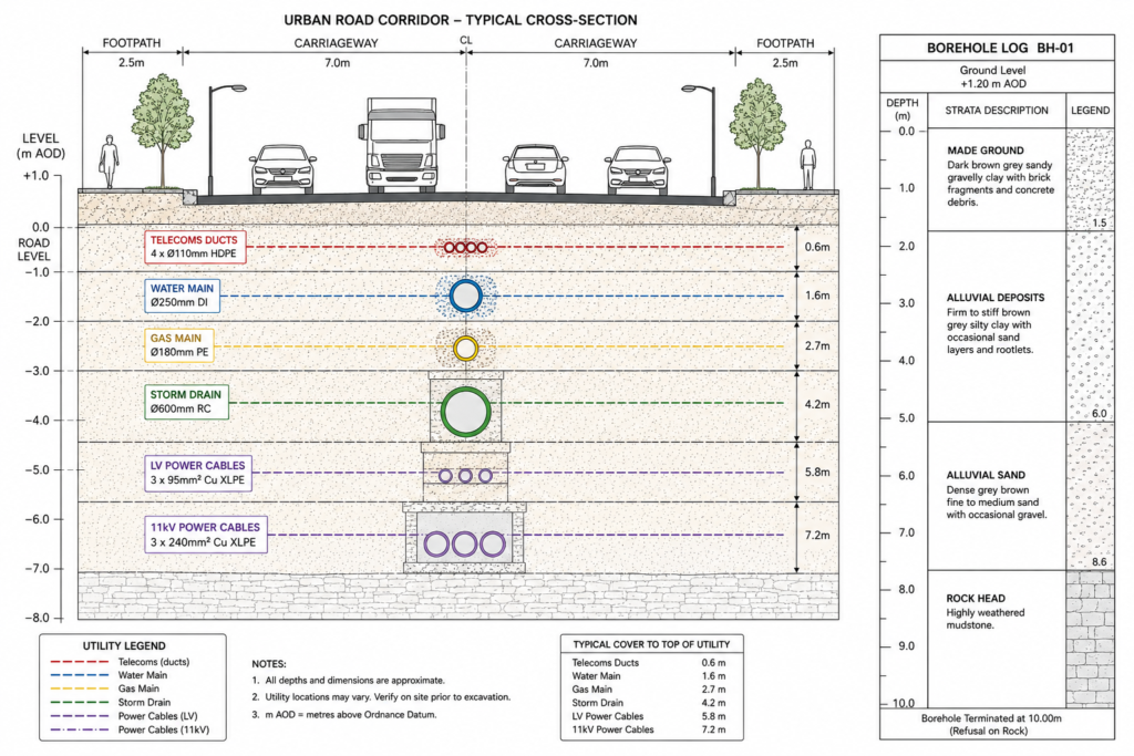 Cross-section diagram of urban road corridor showing utility conflicts and ground conditions affecting infrastructure cost factors