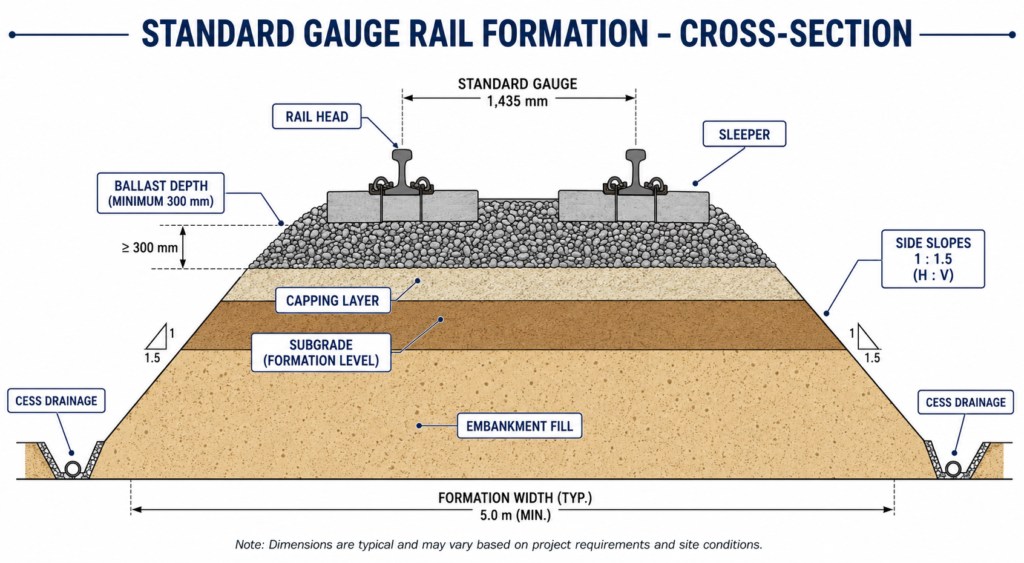 Cross-section diagram of standard gauge rail formation showing ballast, sleepers, capping layer, and subgrade drainage for Nigerian rail projects