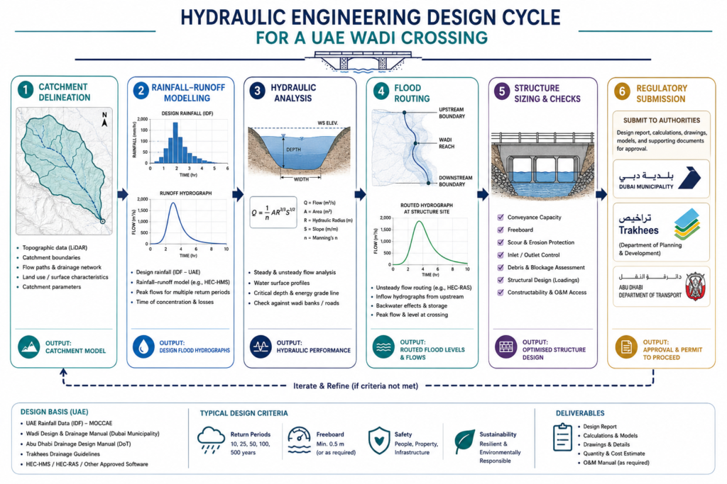 Hydraulic engineering design process flowchart for UAE wadi flood management"