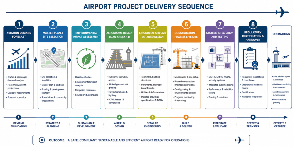 Airport project delivery flowchart from demand forecast through regulatory certification and operational handover