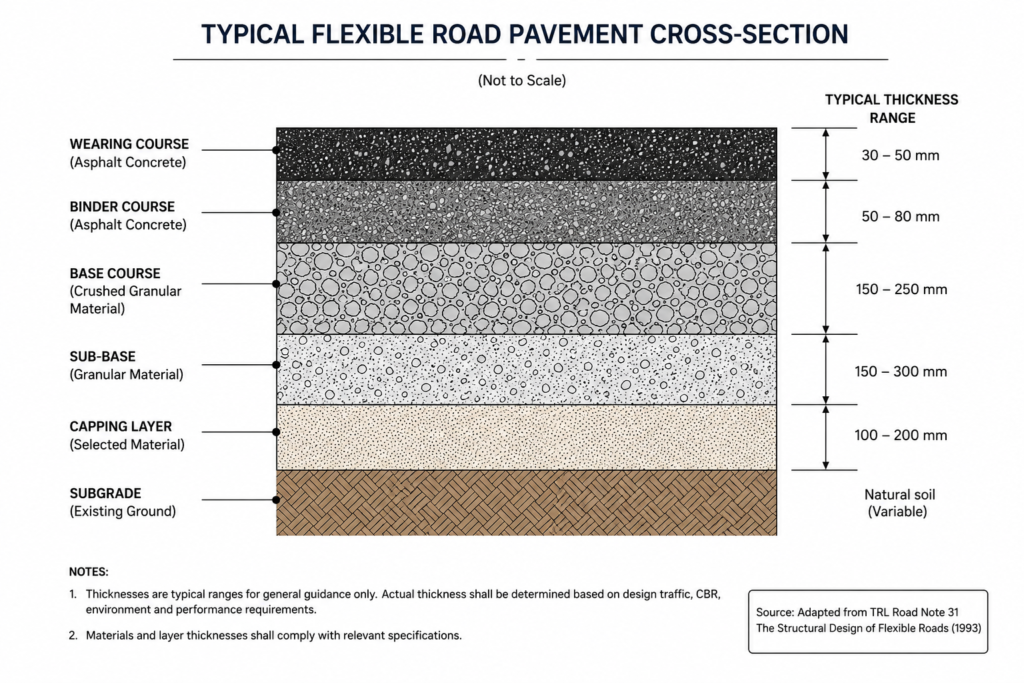 Cross-section diagram of flexible road pavement layers in transportation engineering