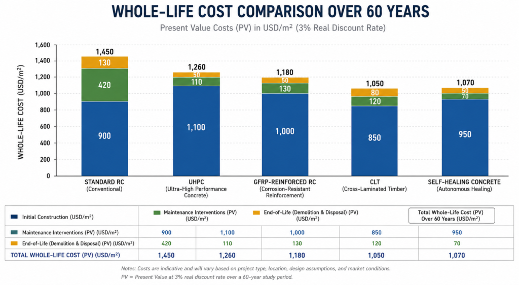 Whole-life cost comparison chart for advanced materials examples in civil engineering over 60-year design life