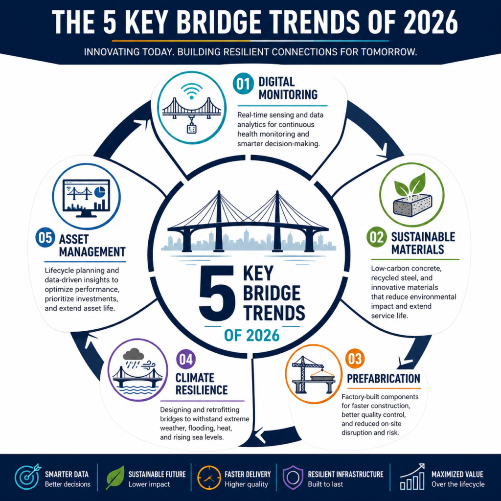 Infographic showing the five dominant bridge construction trends in 2026 for civil engineers