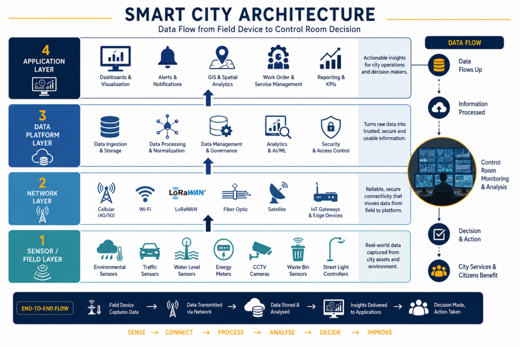 Smart cities architecture diagram showing sensor to control room data flow