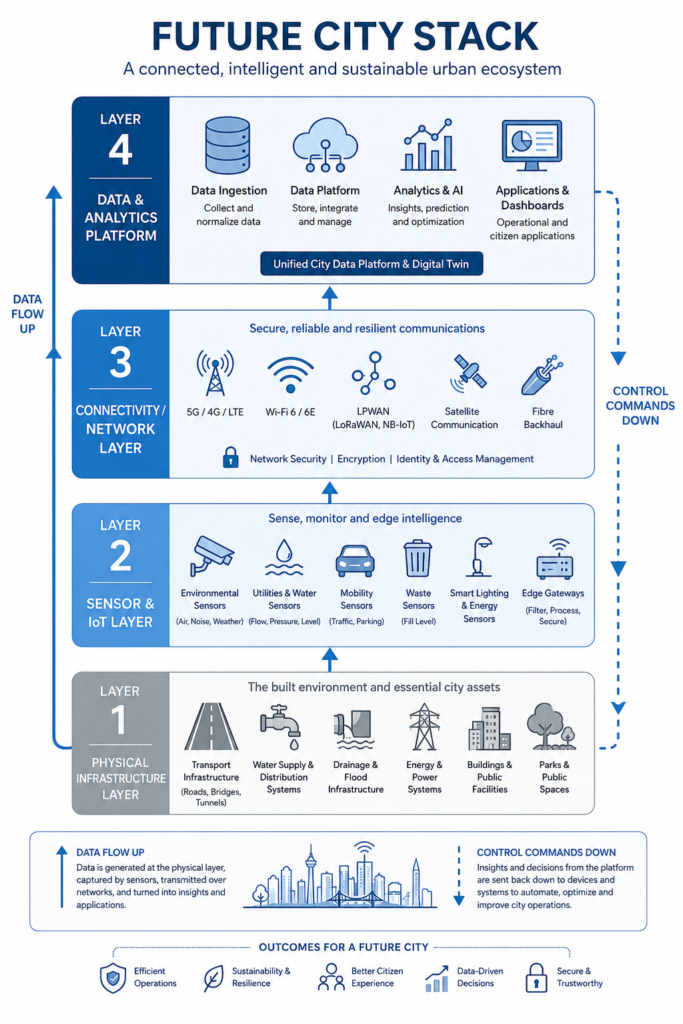 Future cities infrastructure layers diagram showing IoT sensors, connectivity, and data platform