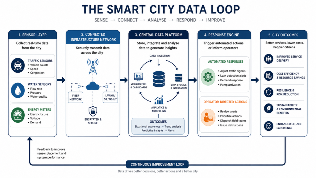 Smart cities data flow diagram from sensors to connected infrastructure response