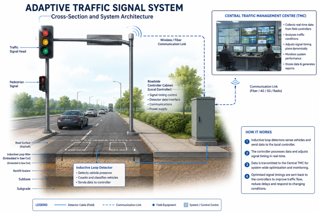 Adaptive traffic signal system diagram for smart cities infrastructure