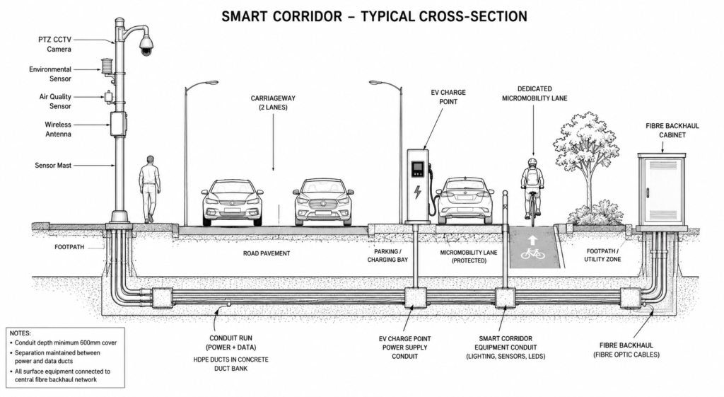 Cross-section diagram of a smart mobility corridor with IoT sensors and EV charging infrastructure
