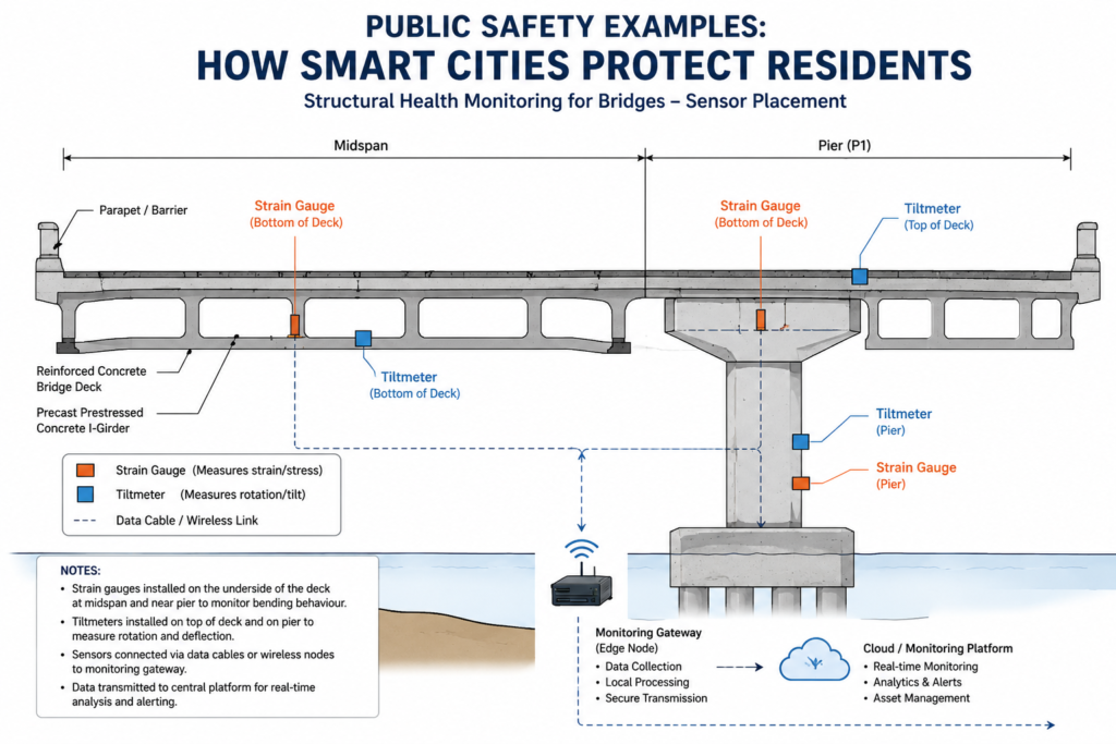 Structural health monitoring sensor placement diagram on bridge deck