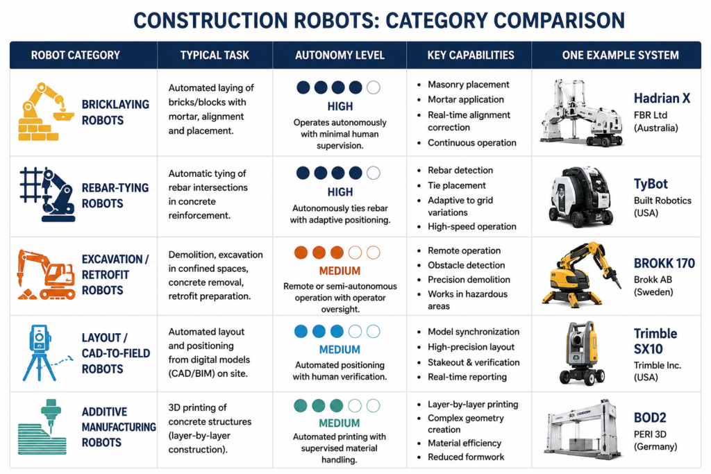 Comparison table of construction robotics categories and example systems