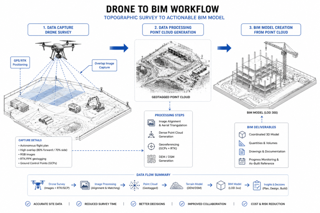 Automated drone survey data flow to BIM model diagram