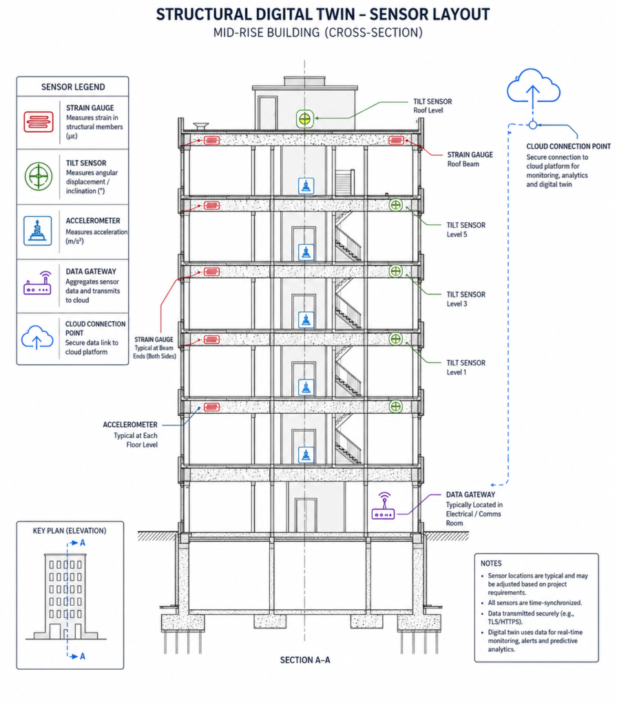 Structural health monitoring sensor layout diagram for a digital twin in construction technology